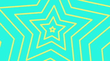 Cyan arka planda genişleyen sarı merkezî bir yıldızın pürüzsüz döngüsü. Hareketli çizgilerle hipnotik retro çizgi film tünel efekti.