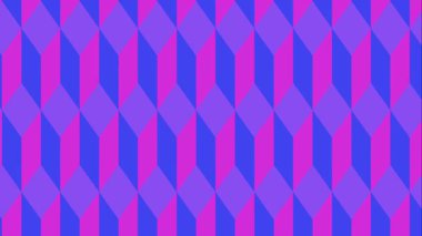 Renkli geometrik küp kalıplarının düz döngü animasyonu. Mor ve mavi izometrik şekiller hareket eden soyut bir arkaplan oluşturur.