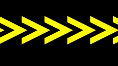 Sarı ok desenli animasyon. Bir sıra soyut sembol, siyah bir zemin üzerinde düz bir döngü içinde sağa doğru yatay olarak kaydırır. Yönsel grafik.