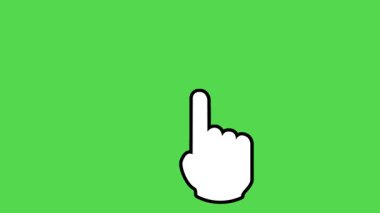 İmleç animasyonunu tıklatıyorum. Beyaz ve siyah çizgili bir parmak simgesi yeşil ekran arkaplanındaki ekrana vuruyor. Arayüz ve teknoloji grafiği.