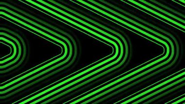 Parlak yeşil oklar desenli animasyon. Soyut neon yeşil simge şekilleri düzgün bir döngü içinde siyah bir arkaplan üzerinde hareket eden bir ışık efektiyle sağa dönük