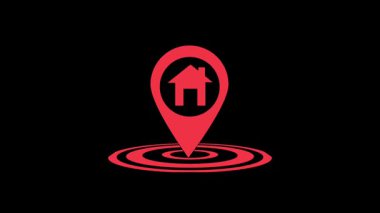 Ev haritası pin animasyonu. Siyah arka planda daireler çizen, ev sembolü titreşimli kırmızı bir ikon. Gayrimenkul ve adres grafikleri.