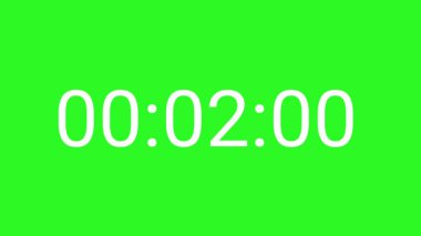 Dijital geri sayım zamanlayıcısı animasyonu. Beyaz sayılar yeşil ekran arka planında geri sayım yapıyor. Krom anahtarlama için en küçük saat ve zaman grafiği.
