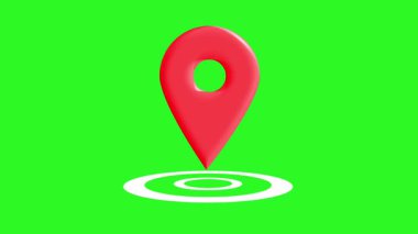 Zıplayan harita iğne animasyonu. Üç boyutlu kırmızı bir konum işareti yeşil ekran arka planında kusursuz bir döngü içinde düşer ve zıplar. GPS ve hedef grafik.