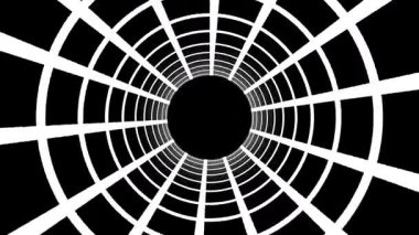 Beyaz ızgara tünel animasyonu. Beyaz şebeke desenli, soyut, hipnotik bir girdap siyah arka planda kusursuz bir döngü içinde hareket eder. Optik yanılsama grafiği.