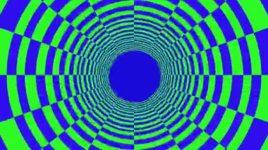 Yeşil ve mavi kareli tünel animasyonu. Soyut, hipnotik bir girdap. Dama desenli, pürüzsüz bir döngü içinde hareket ediyor. Psikedelik optik illüzyon arka planı.