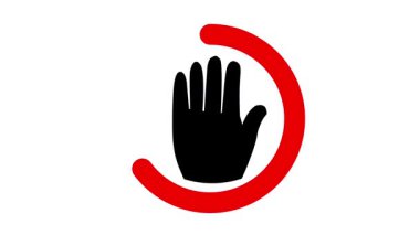 Siyah bir el simgesinin üzerinde kırmızı animasyon yasağı sembolü görünüyor. Düz 2B grafik temiz beyaz arkaplan üzerinde izole.