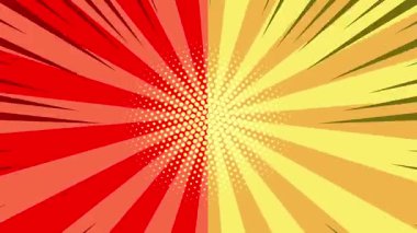 Kırmızı ve sarı radyal çizgiler ve yarım ton desenli animasyon çizgi roman tarzı arka plan. Kusursuz döngü.