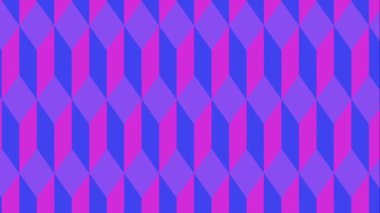 Renkli geometrik küp kalıplarının düz döngü animasyonu. Mor ve mavi izometrik şekiller hareket eden soyut bir arkaplan oluşturur.