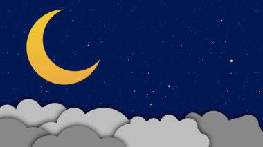 Kağıt kesim tarzıyla çizgi film gece gökyüzü. Koyu gökyüzünde yıldızlar parıldarken, sarı hilal, yavaşça hareket eden gri bulutların üzerinde asılı duruyor..