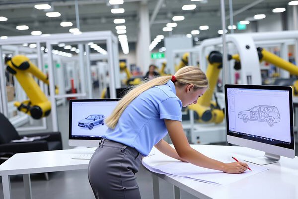 Молодая женщина работает в области исследований на современном автопроизводителе, который производит прототипы.