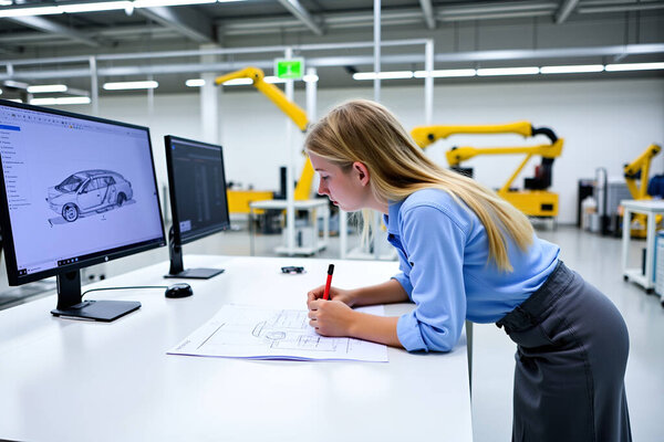 Молодая женщина работает в области исследований на современном автопроизводителе, который производит прототипы.