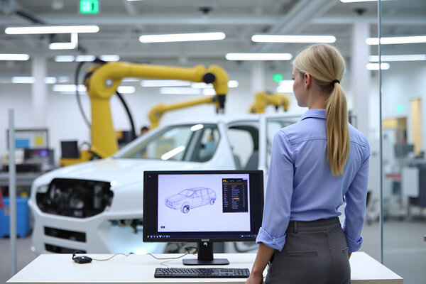 Молодая женщина работает в области исследований на современном автопроизводителе, который производит прототипы.