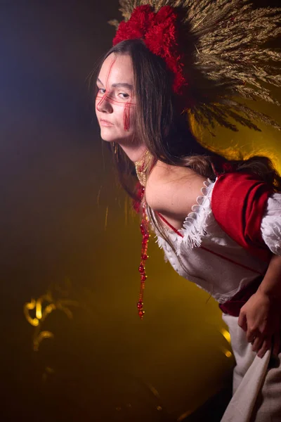 Geleneksel bir Slav kostümü ve sarı bir stüdyoda buğday ve kırmızı çiçeklerle süslenmiş kırmızı kabile yüzü boyalı gizemli bir kadın portresi. .