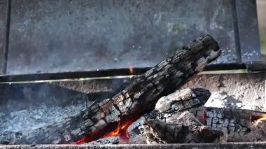 Bu yakın plan video ızgarada odun yaktığını gösteriyor. Parlayan közler ve alevler, odunların küle dönüşmesiyle görülebilir. Çıtırdayan ateş sıcak bir ortam yaratır ve barbekü, açık hava yemekleri ya da doğanın gücü temalarını gözler önüne serer..