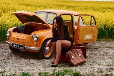 Siyah elbiseli genç bir kadın kaputu açık turuncu bir arabanın yanında bir valizin üzerinde oturuyor. Araba yolda bozuldu ve o kolza tohumu tarlasında yardım bekliyor..