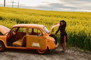 Siyah elbiseli güzel bir kadın turuncu renkli bir arabanın yanında duruyor. Kaputu açık, sarı çiçekli bir tarlada kırsal alanda bulutlu bir gökyüzünün altında..  