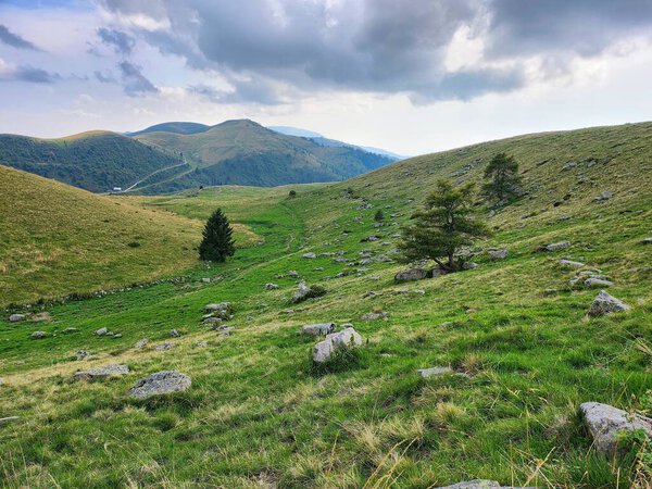 A hiking path leading through an alpine meadow with hills and dramatic sky in summer.