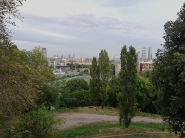 City view from a park hillside with tall trees, lawns and urban buildings in the distance.