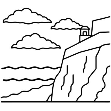 Coastal Cliff Over Ocean Line Art Coloring Page