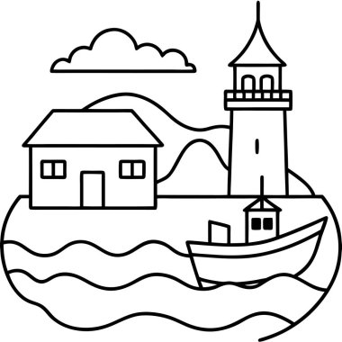 Coastal Harbor Scene Line Art Coloring Page