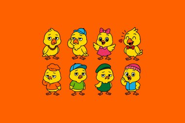 Farklı kıyafet ve duygulara sahip piliç karakterleri