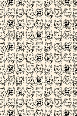 Kedilerde kusursuz desen. El çizimi vektör illüstrasyonu