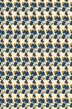 Üniformalı, şapkalı ve sırt çantalı bir işçinin kusursuz deseninin vektör çizimi.