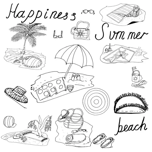 Dalgalar, şemsiye, plaj havluları, palmiye ağaçları, denizyıldızı, sandalet, plaj topları ve kum doku etkisi ile Vektör yaz üst görünüm plaj.