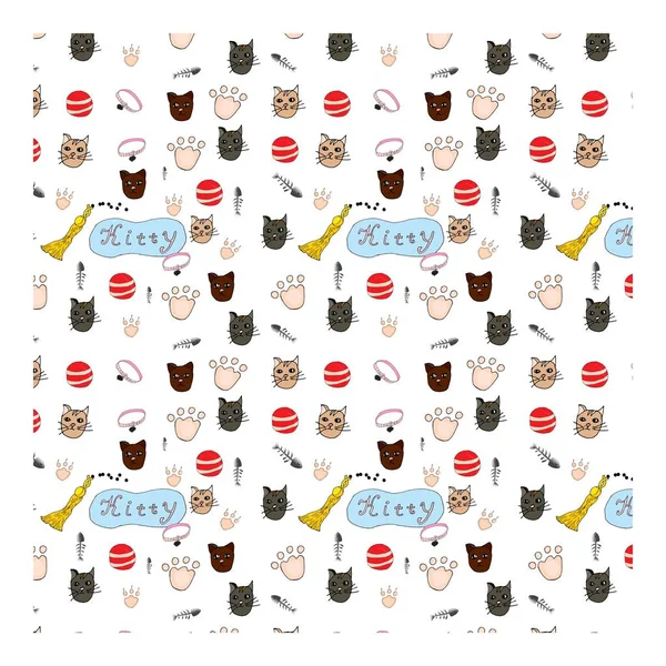 Sevimli komik kedi yüzleri veya şık aksesuarlar giyen kafaları ile Dikişsiz desen. Beyaz arka planda karikatür hayvan ağızlıkları ile fon.