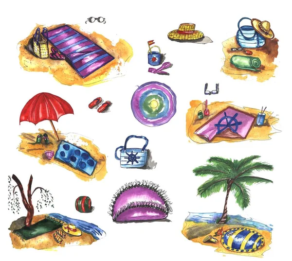 Yaz tatil el çizilmiş suluboya seti.