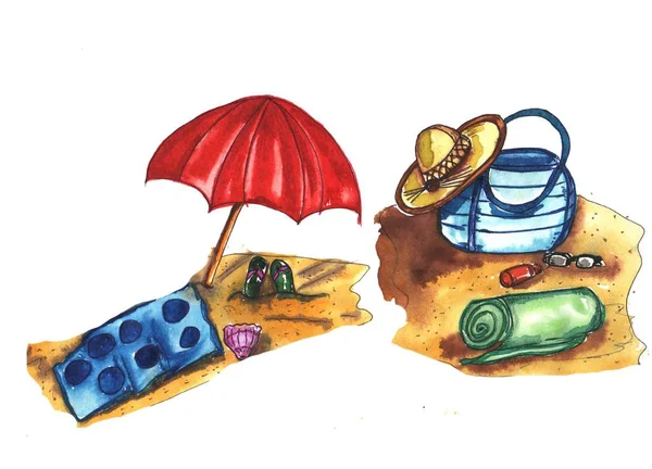 plaj aksesuarları güneş gözlüğü, havlu. flip-flop ve çizgili şapka.