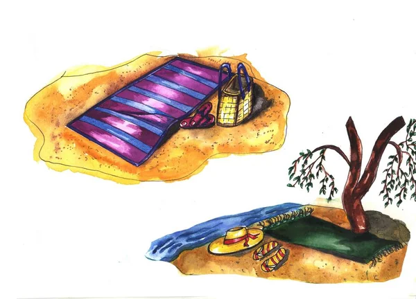 Plaj personeli aksesuarları havlu şapka çanta seti.