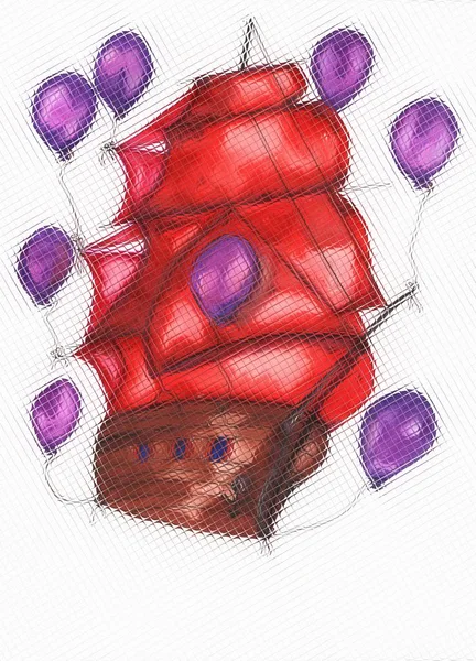 mor parlak balonlar ile bir tekne suluboya el çizim