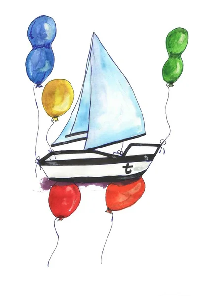 çocuk çizim yaz tatil suluboya el mor parlak balonlar ile bir tekne çizim