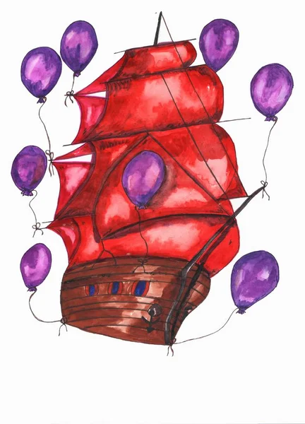 Antik gemi yelken, suluboya çizimi