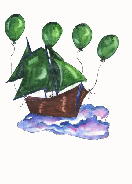 Acuarela dibujo a mano de un barco con velas verdes y globos verdes para decorar una habitación de niños, ropa, juguetes, carteles, accesorios — Foto de Stock