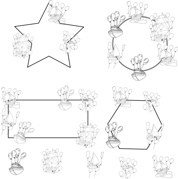 takvim kartları davetiyeleri için el çizim vektör sorunsuz desen gemi kümesi