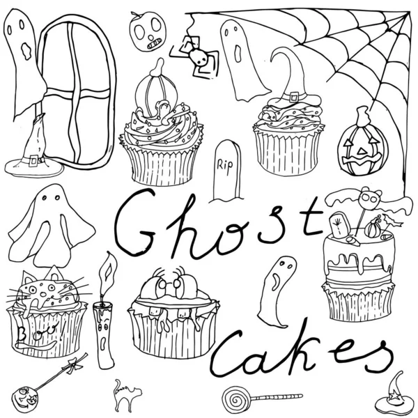 Cadılar Bayramı 'na adanmış elle çizilmiş tek renkli kek seti. Hayalet kekleri.