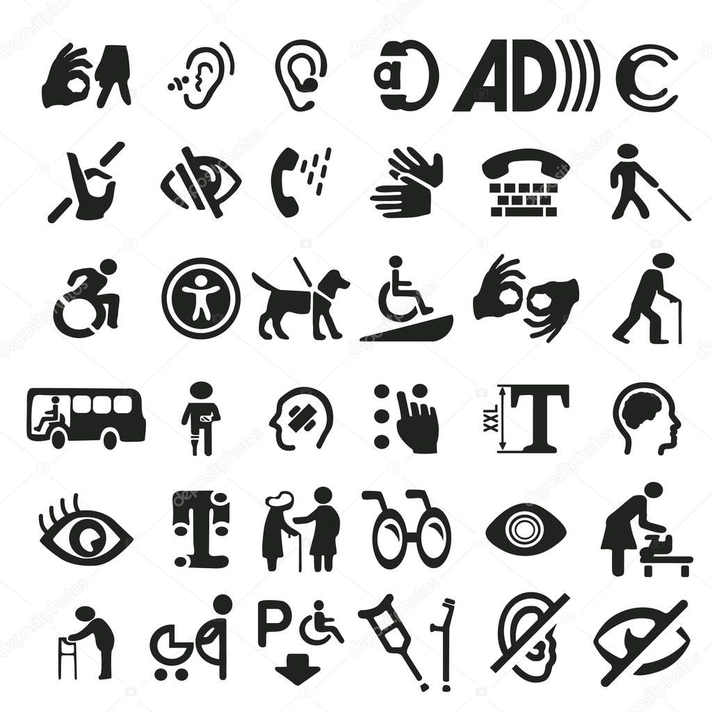 Big set of accessibility icons with different sign.