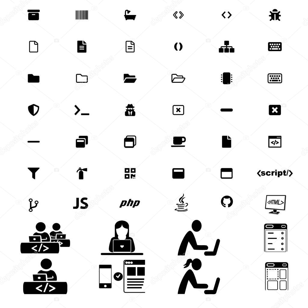 Big modern set of programming icons with people pictograms. Black simple code icons.
