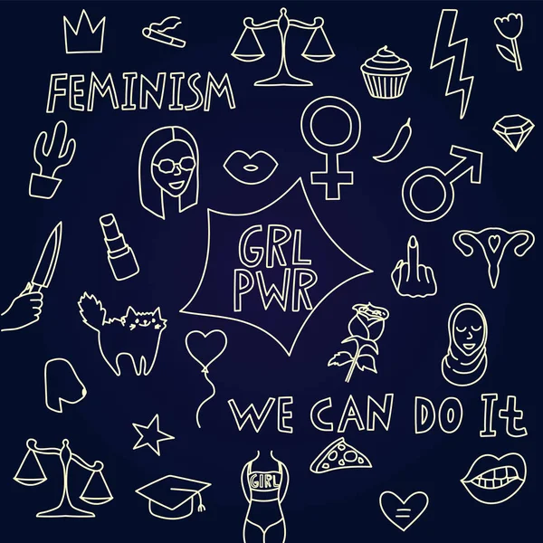 Feminisme Besar Yang Sederhana Diatur Dengan Simbol Dan Teks Ilustrasi - Stok Vektor