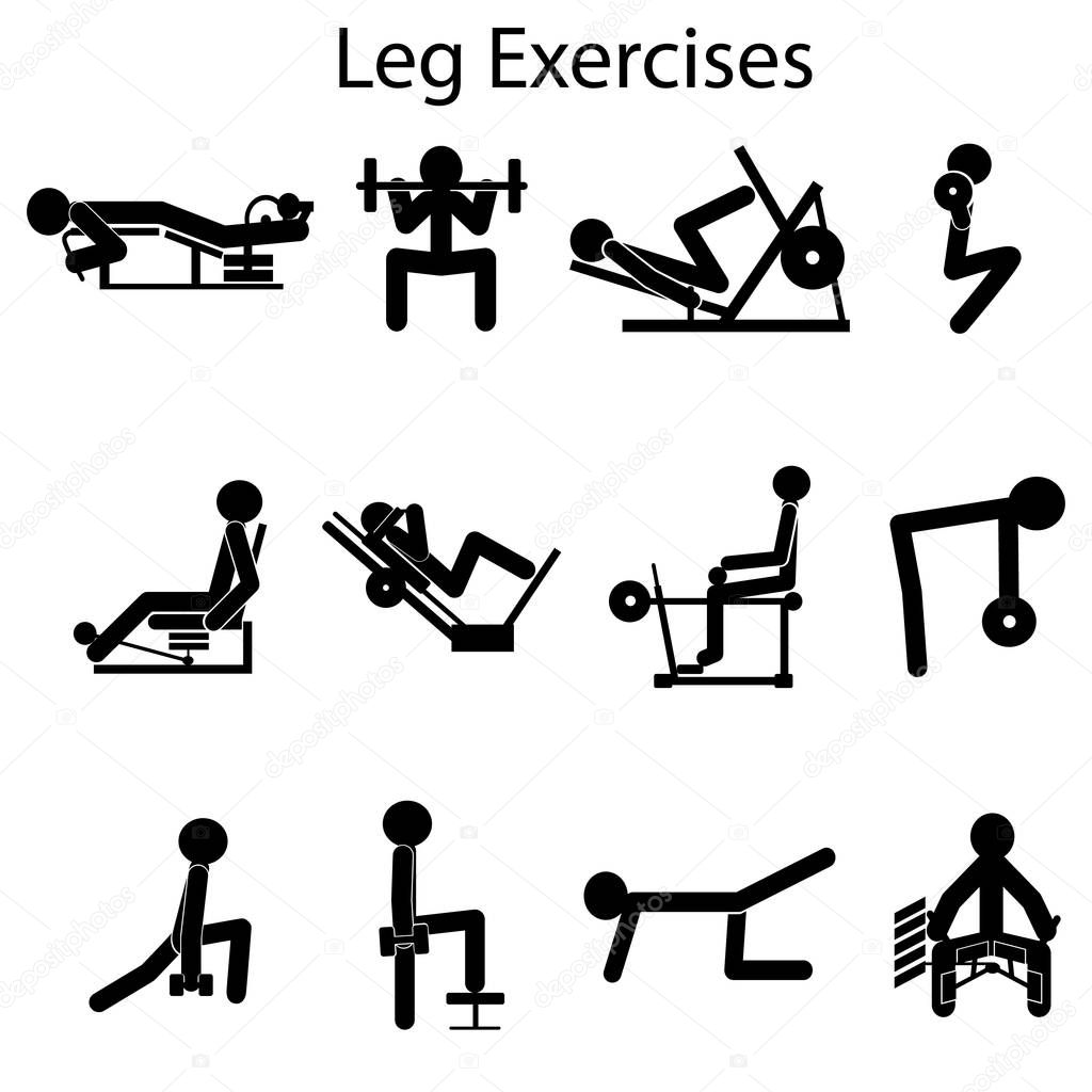 Set of exercises for training legs. People black pictogram. 