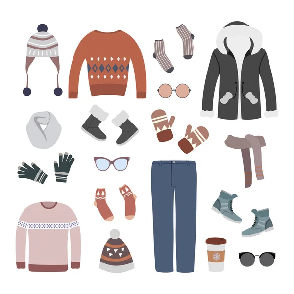 五颜六色的一套现代和时尚的冬季女装服装 向量例证与夹克 冬季鞋和配件 — 图库矢量图片