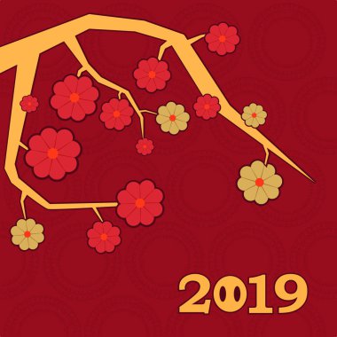 Çin yeni yılı 2019 kartı ile kırmızı bir arka plan üzerinde kırmızı ve altın çiçeklerle soyut altın bordertree. Modern tasarım yeni yıl poster. Vektör çizim