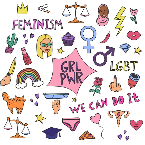 Grote Eenvoudige Feminisme Set Met Protest Symbolen Tekst Vectorillustratie Kleur — Stockvector