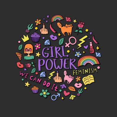 Kız gibi karalamalar ve feminizm konsept tasarımı, kızın t-shirt baskı için elle çizilmiş ifadeler. Elle çizilmiş süslü komik feminizm sloganı karikatür tarzı. Siyah arka plan üzerinde renkli vektör çizim