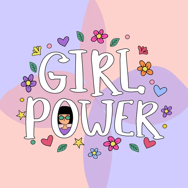 Perempuan Power Lettering Dengan Doodles Girly Dan Tangan Ditarik Bunga - Stok Vektor