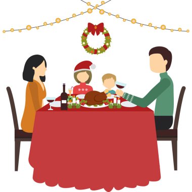 Mutlu aile baba, Anne, oğlu ve kızı evde oturan tablo ve kutlama Noel yakın. Yeni yıl akşam yemeği. Tatil arka plan düz stil. Vektör çizim