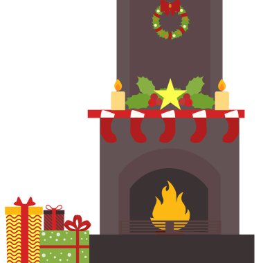 Rahat yeni yıl ve Noel kavramı. Yanan şömine, yeni yıl çorap ve izole hediye kutuları ile kapalı görünümü. Düz vektör çizim